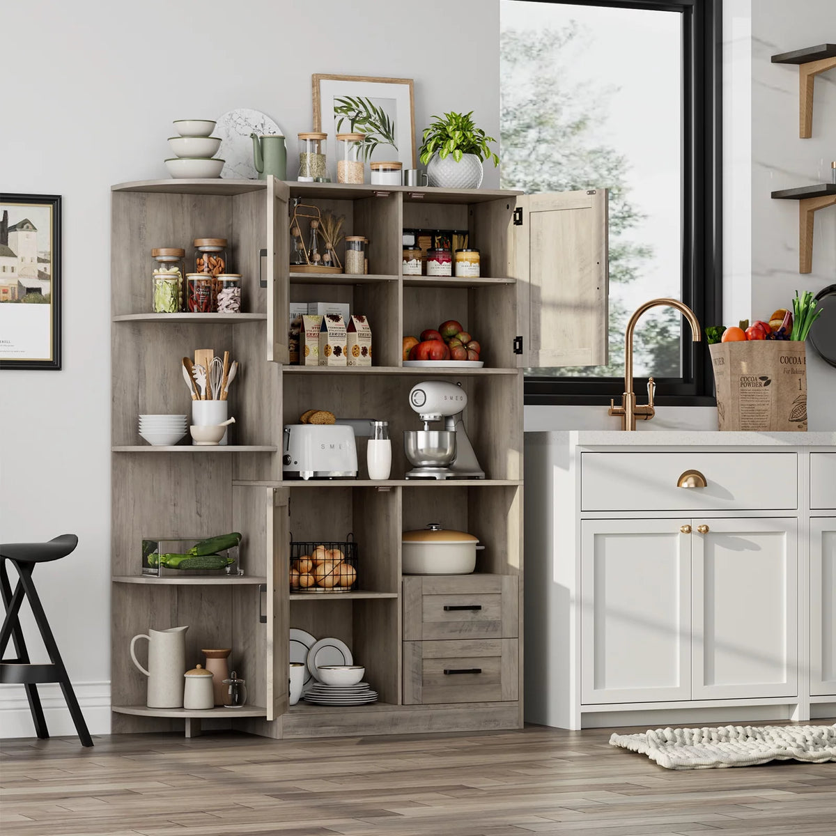 Large Kitchen Pantry with Adjustable Shelves, Tall Storage Cabinet, Wash Gray Q443576