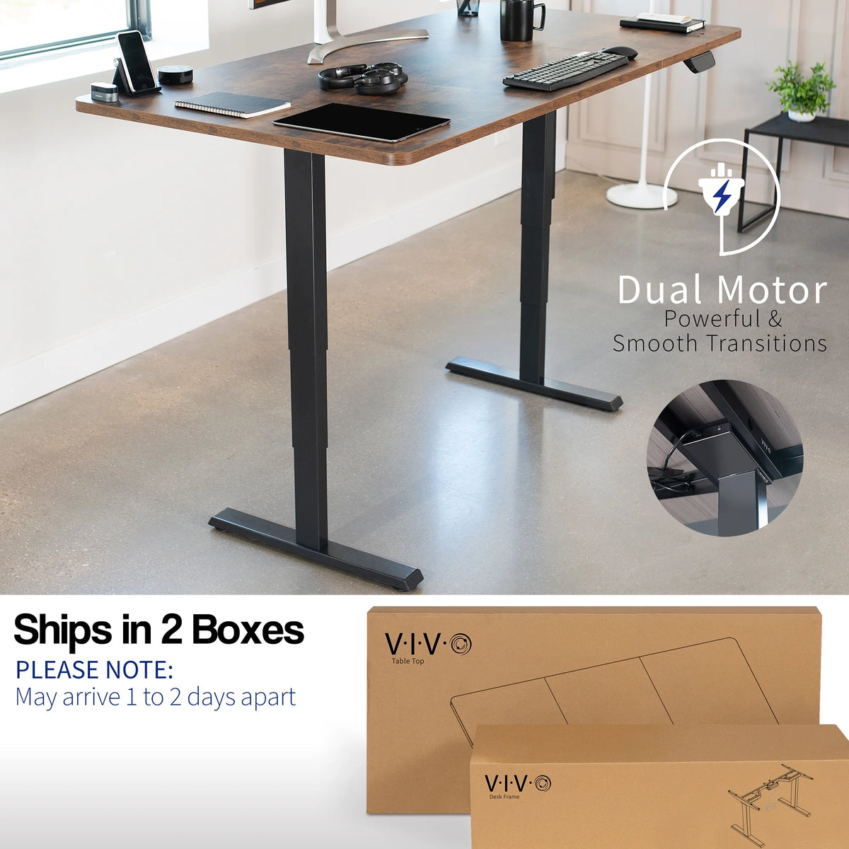 Electric 71”x36” Stand Up Desk, Rustic Vintage Brown Table Top, Black Frame H118919