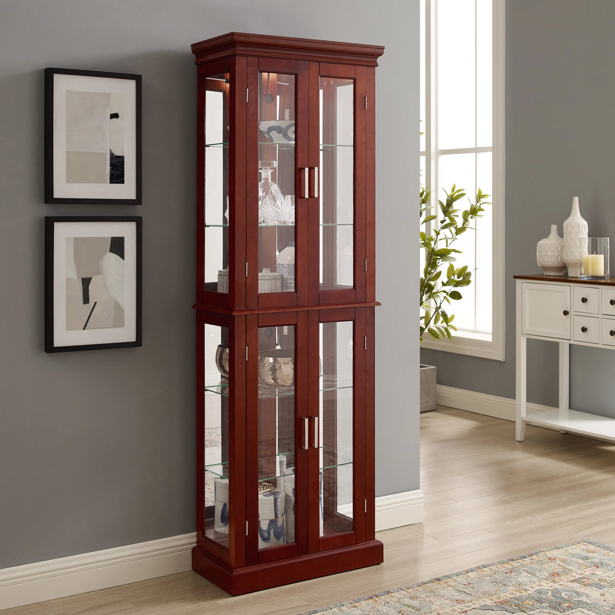 6-Tier Lighted Curio Display Cabinet with Adjustable Shelves and Tempered Glass Doors O17359