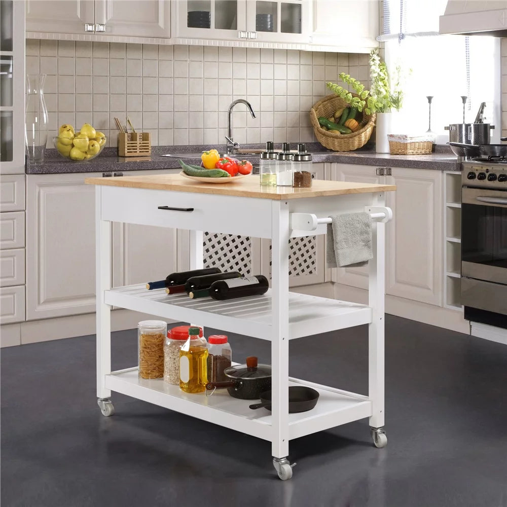 White Kitchen Island Cart with Wheels Storage Drawer O6910