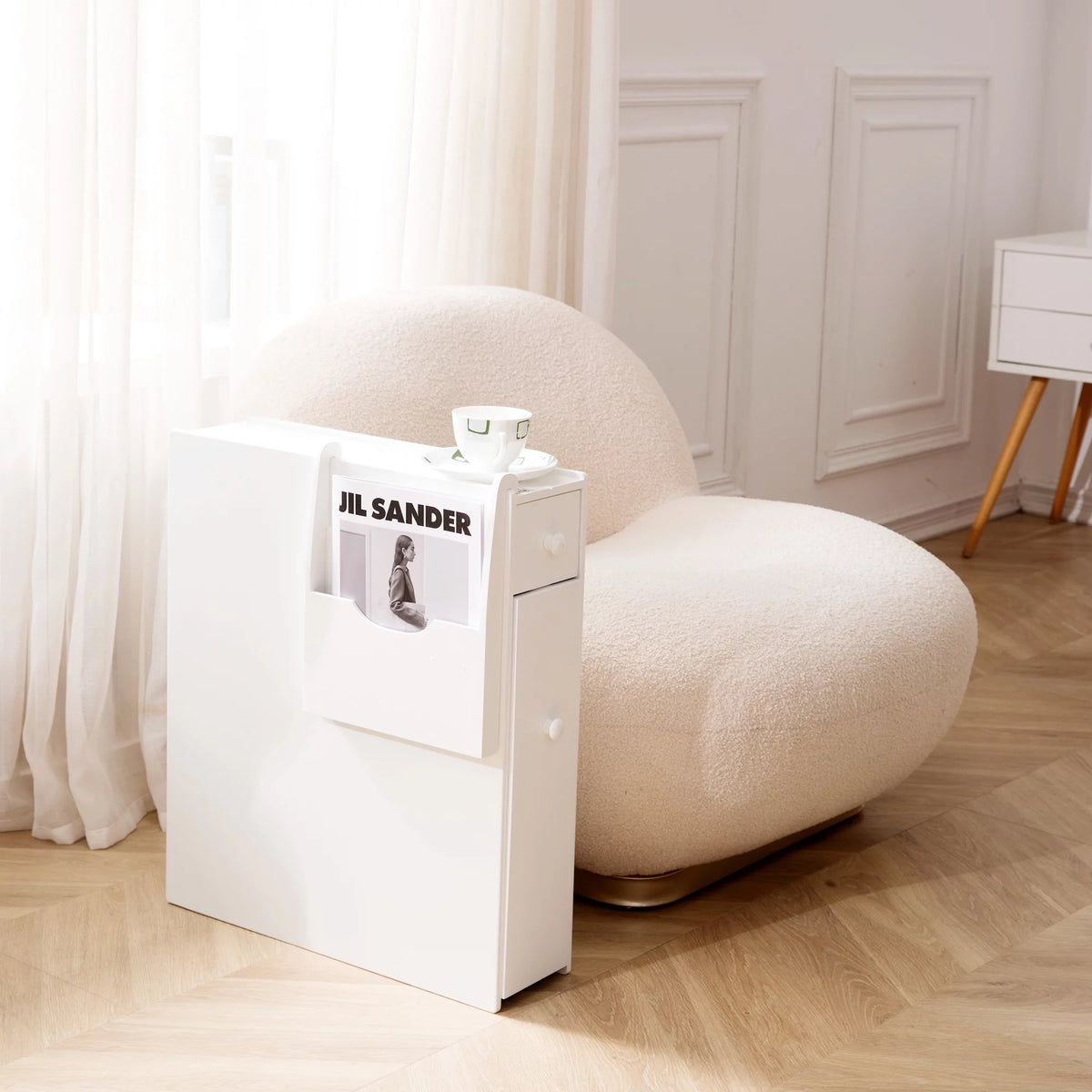 White Wood Slim Bathroom Storage Cabinet with Drawer M4506