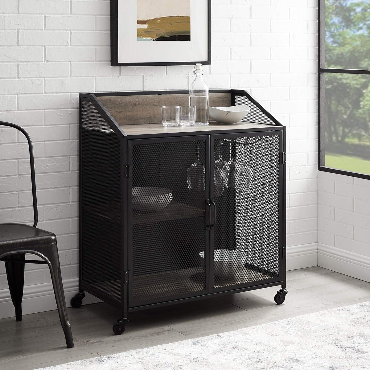 Rustic Oak Metal Mesh Double Door Rolling Bar Cabinet P441