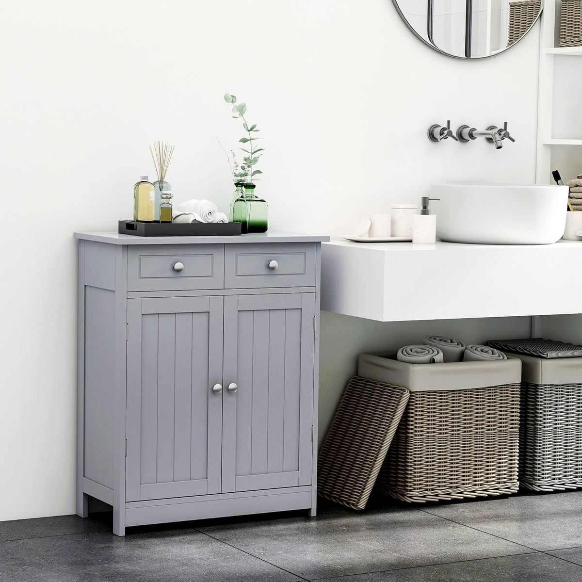Grey Freestanding Bathroom Storage Cabinet with 2 Door, 2 Drawers, Adjustable Shelf V4640