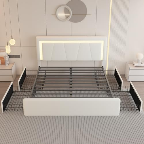 White Full Size Upholstered Platform Bed Frame with 4 Storage Drawers N373