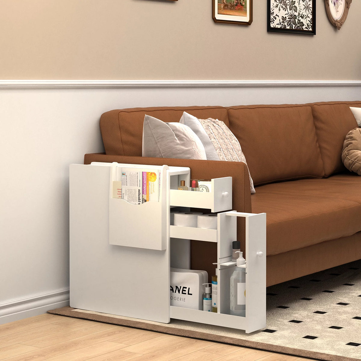 White Wood Slim Bathroom Storage Cabinet with Drawer M4506