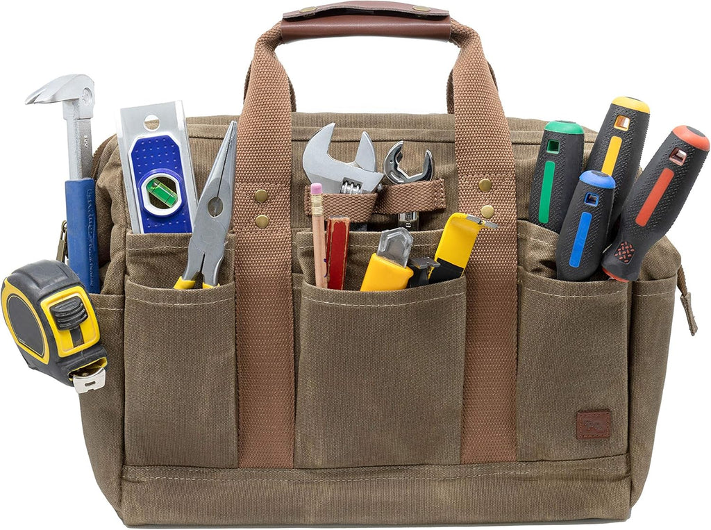 Khaki Canvas Tool Bag 14-Inch 18 Pockets X7766