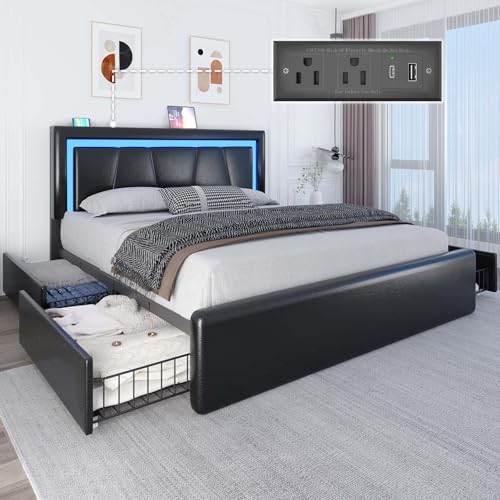 White Full Size Upholstered Platform Bed Frame with 4 Storage Drawers N373