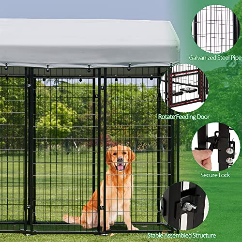 Large Dog Kennel Heavy Duty Welded Wire Steel Cage with Waterproof Cover (8x4x6 ft) I19128