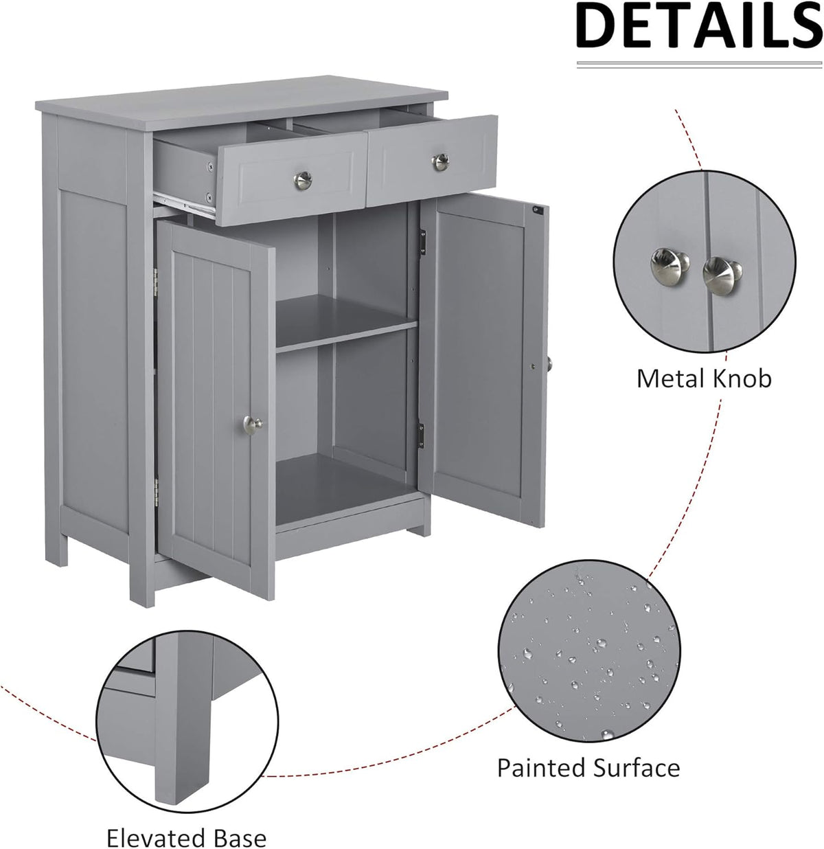 Grey Freestanding Bathroom Storage Cabinet with 2 Door, 2 Drawers, Adjustable Shelf V4640