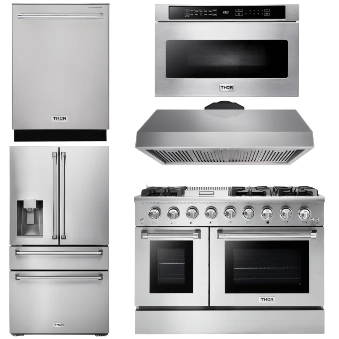 48 Gas Range, Range Hood, Refrigerator with Water and Ice Dispenser, Dishwasher, Microwave A6696