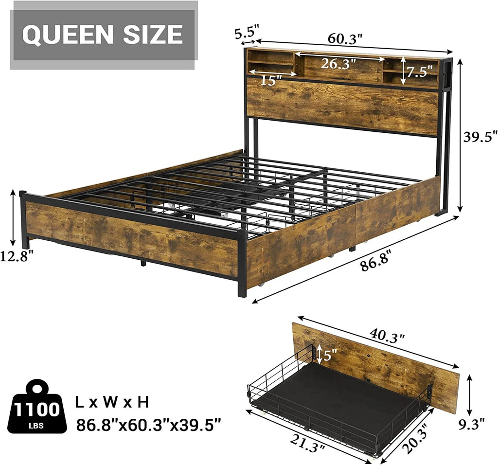 Queen Bed Frame with Headboard and Drawers N700