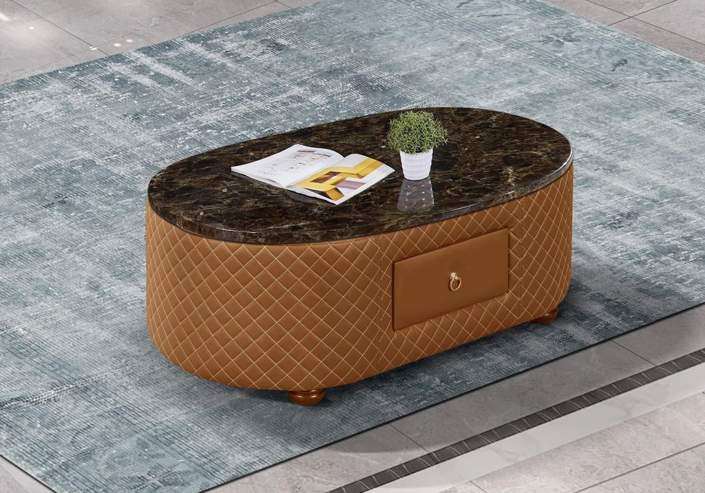 Orange Italian Leather Marble Top Coffee Table Set 2 H311809