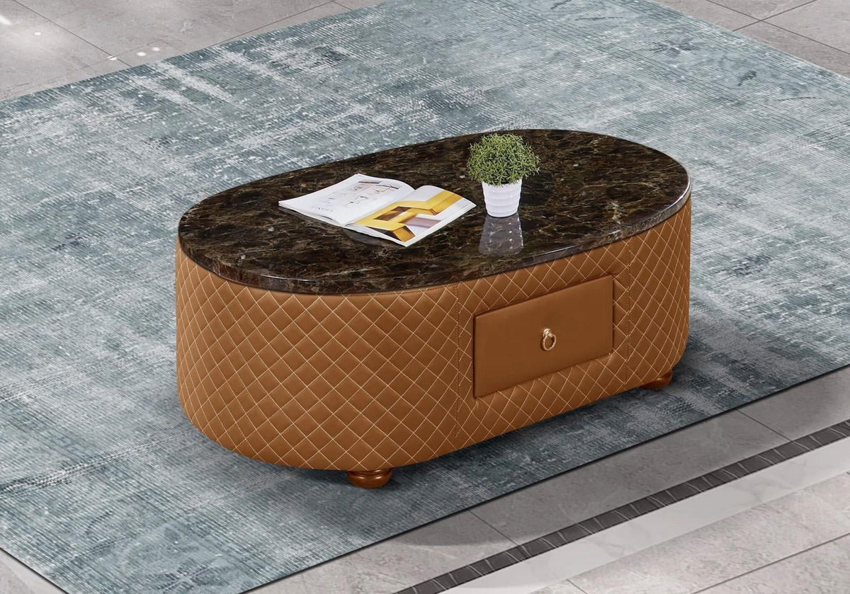 Orange Italian Leather Marble Top Coffee Table Set 2 H311809