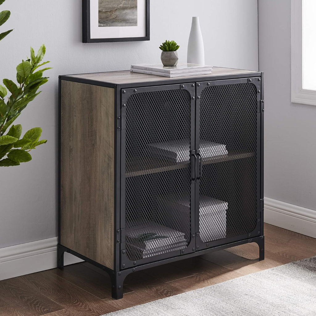 Rustic Oak Metal Mesh Double Door Rolling Bar Cabinet P441