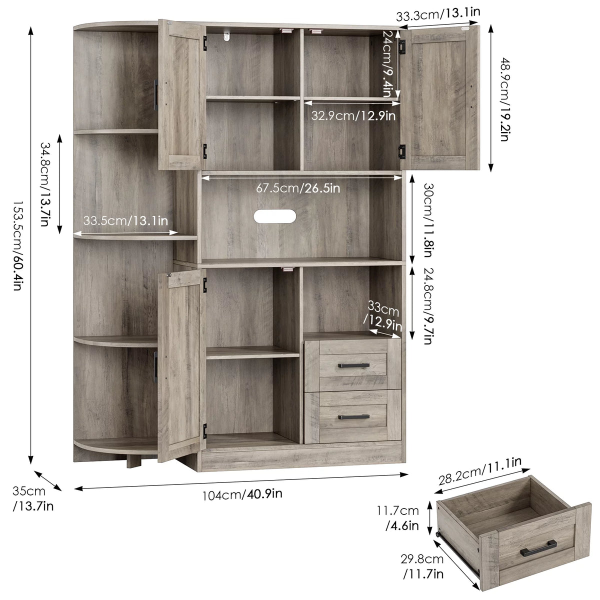 Large Kitchen Pantry with Adjustable Shelves, Tall Storage Cabinet, Wash Gray Q443576