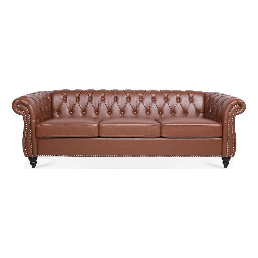 Brown PU Rolled Arm Chesterfield Three Seater Sofa W882049