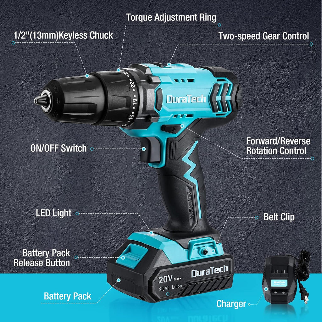 20V Cordless Drill Driver Set with 1/2” Keyless Chuck, 16pcs Drill Bits, Pack of 2 X327
