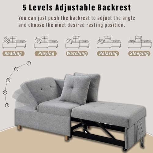 Light Gray Linen Convertible Sleeper Sofa Chair with 2 Throw Pillow V927371