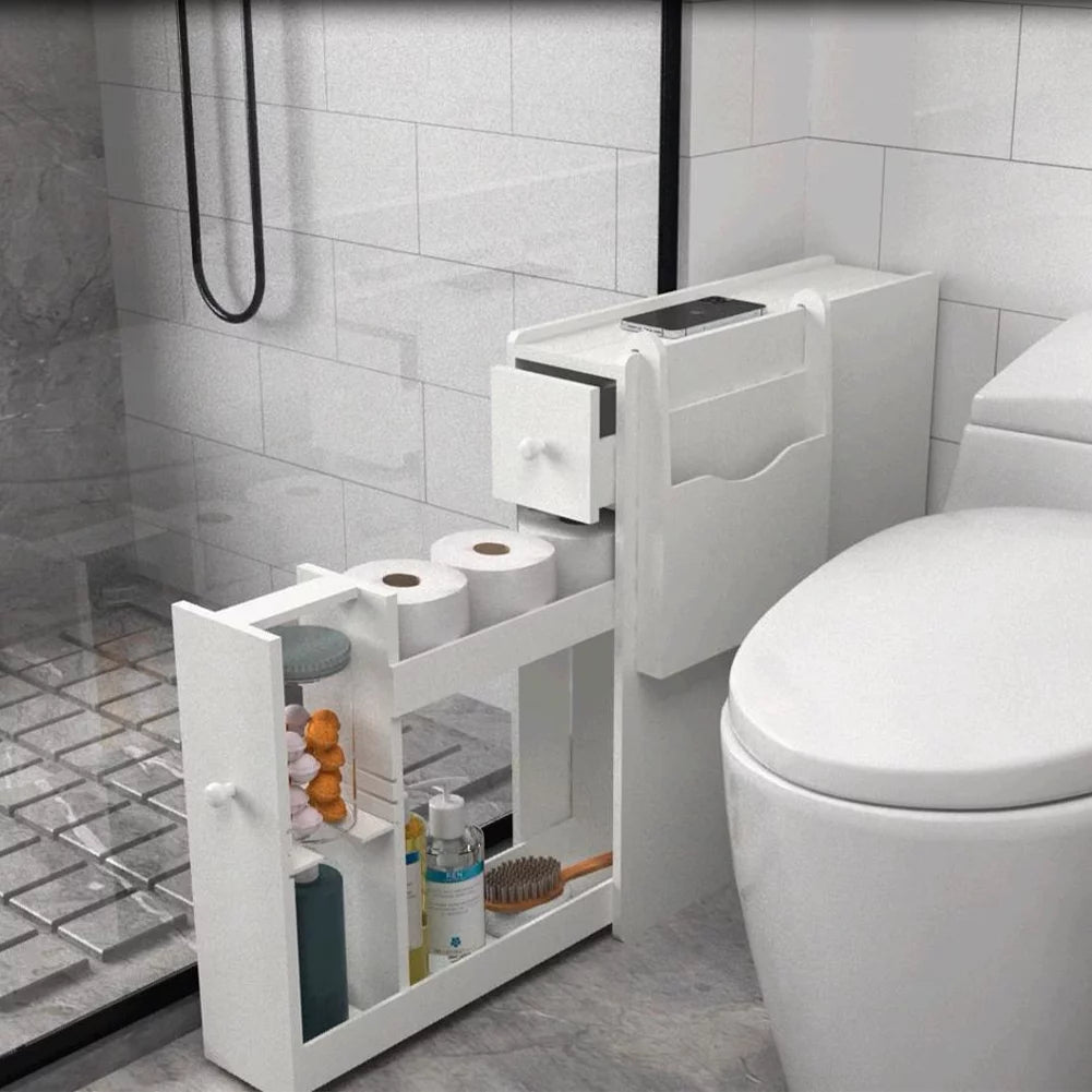 White Wood Slim Bathroom Storage Cabinet with Drawer M4506