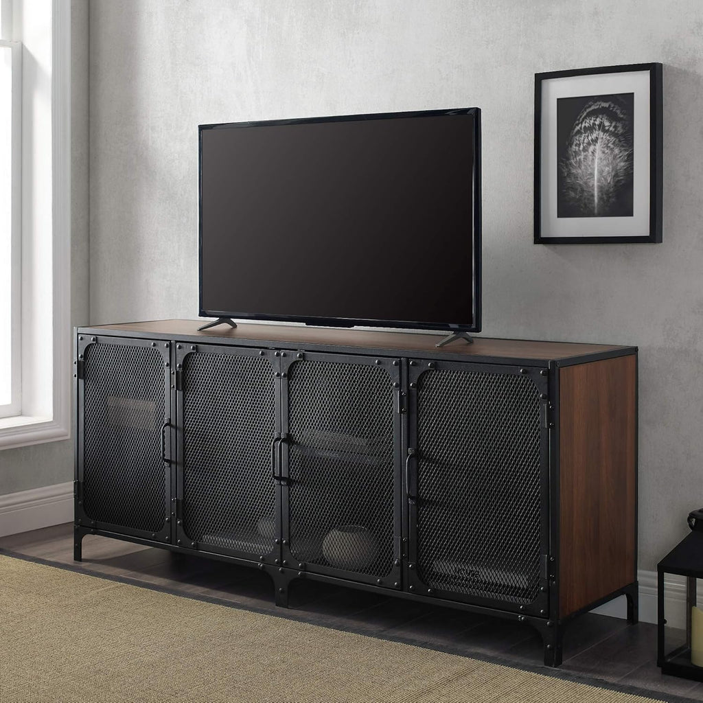 Rustic Oak Metal Mesh Double Door Rolling Bar Cabinet P441