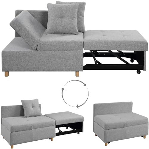 Light Gray Linen Convertible Sleeper Sofa Chair with 2 Throw Pillow V927371