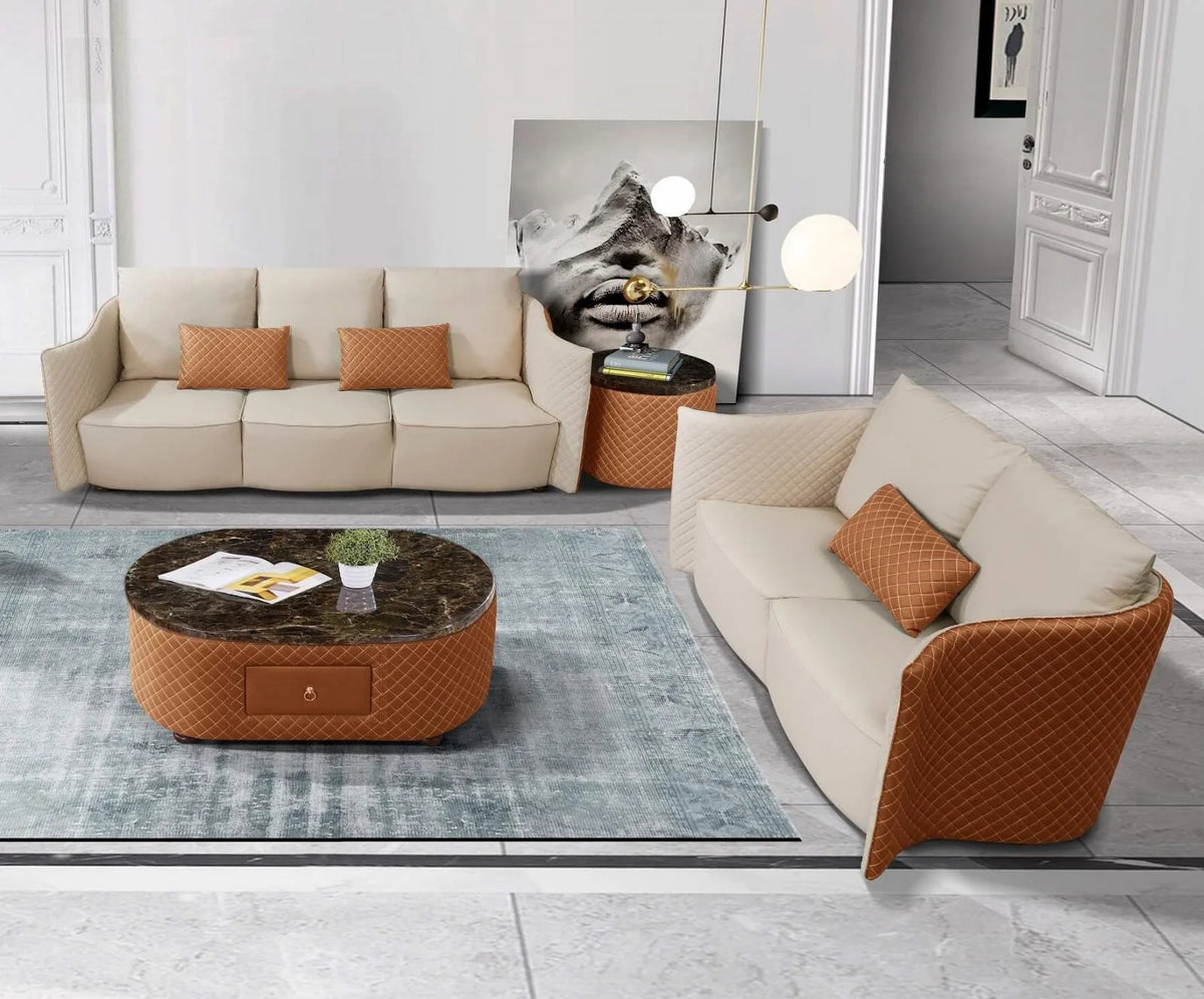 Orange Italian Leather Marble Top Coffee Table Set 2 H311809
