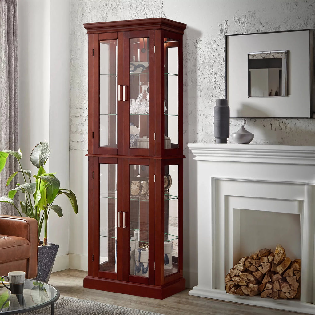 6-Tier Lighted Curio Display Cabinet with Adjustable Shelves and Tempered Glass Doors O17359