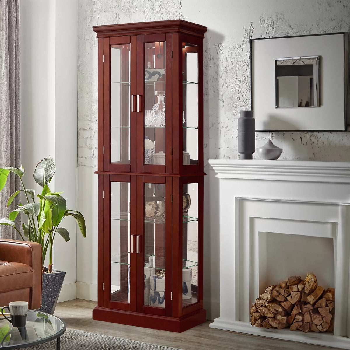 6-Tier Lighted Curio Display Cabinet with Adjustable Shelves and Tempered Glass Doors O17359