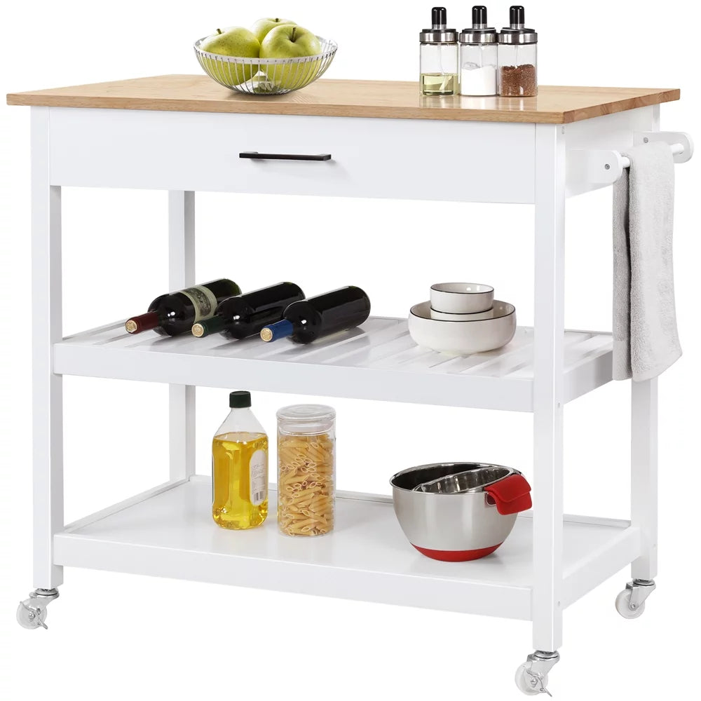 White Kitchen Island Cart with Wheels Storage Drawer O6910