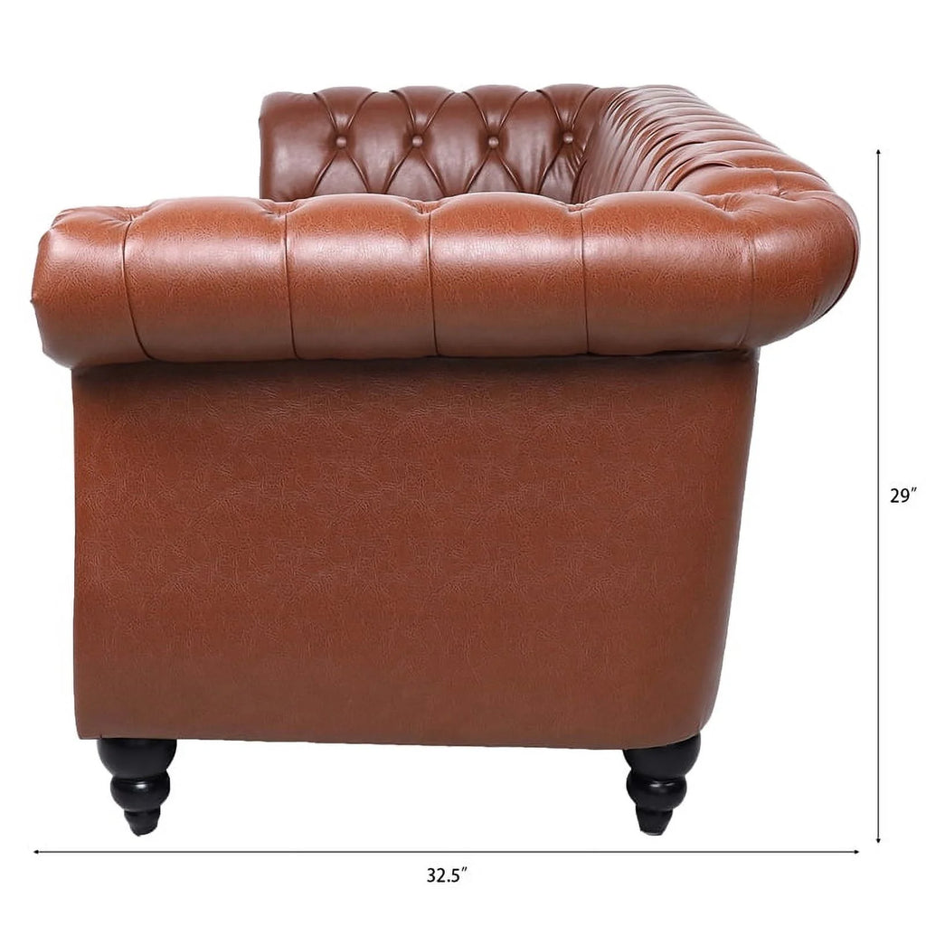 Brown PU Rolled Arm Chesterfield Three Seater Sofa W882049