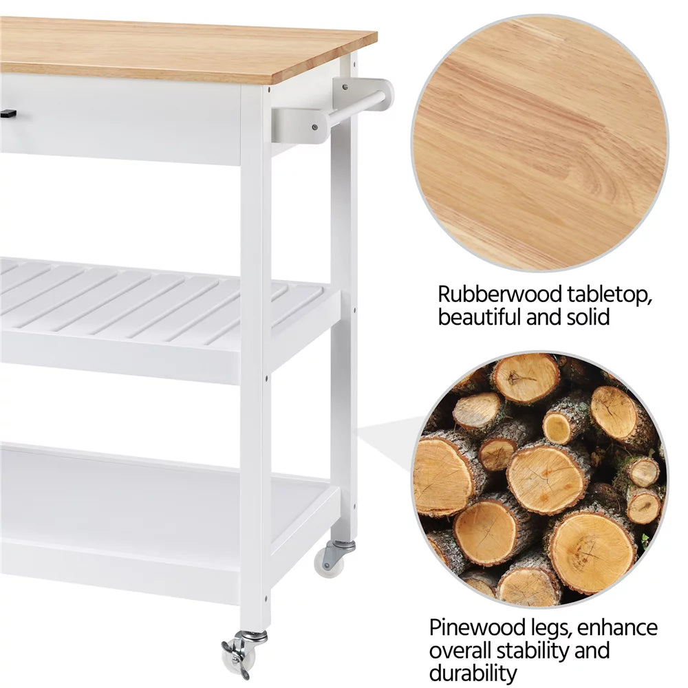 White Kitchen Island Cart with Wheels Storage Drawer O6910