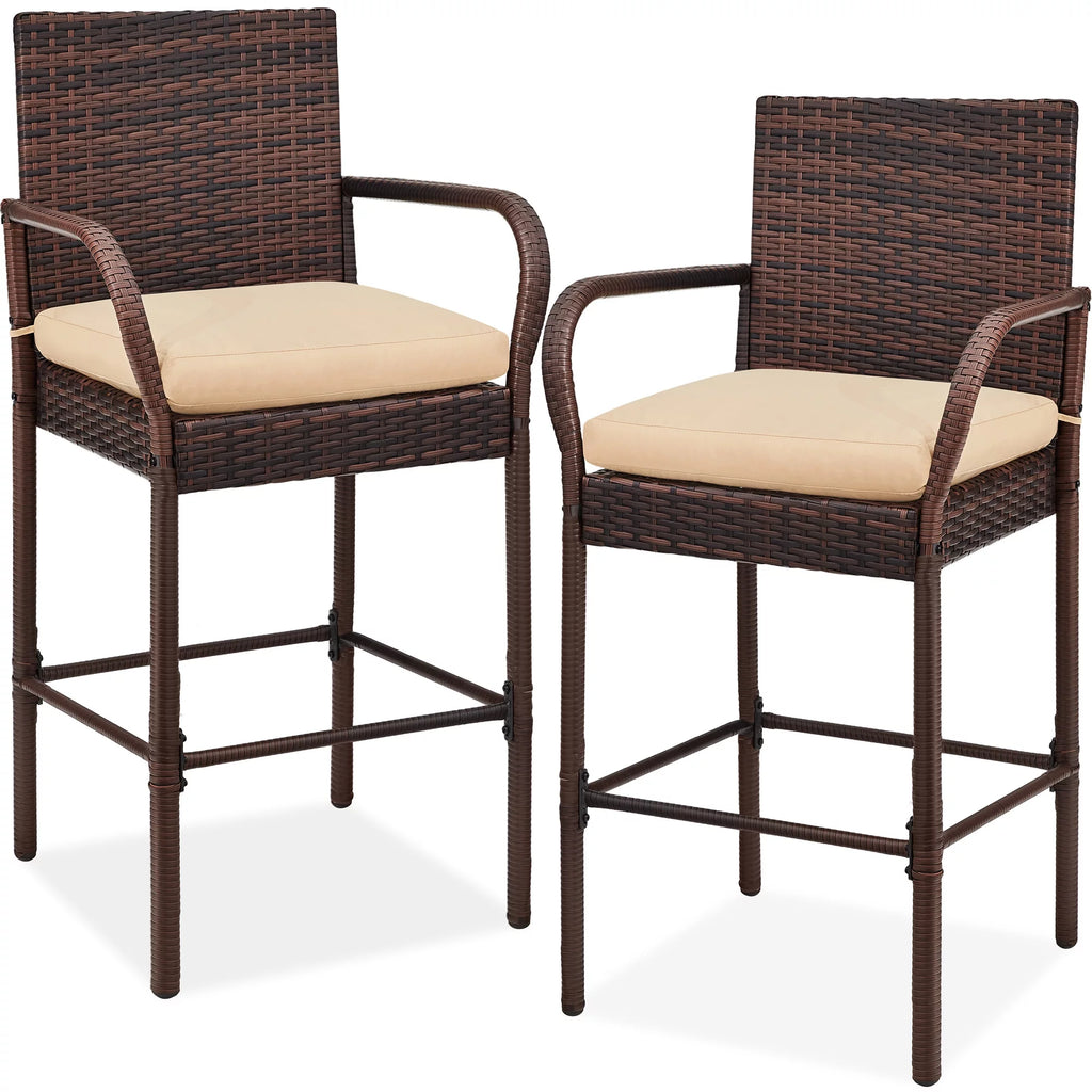 Set of 2 Outdoor Wicker Bar Stools with Cushion F6657