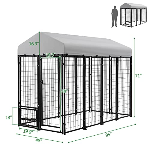 Large Dog Kennel Heavy Duty Welded Wire Steel Cage with Waterproof Cover (8x4x6 ft) I19128