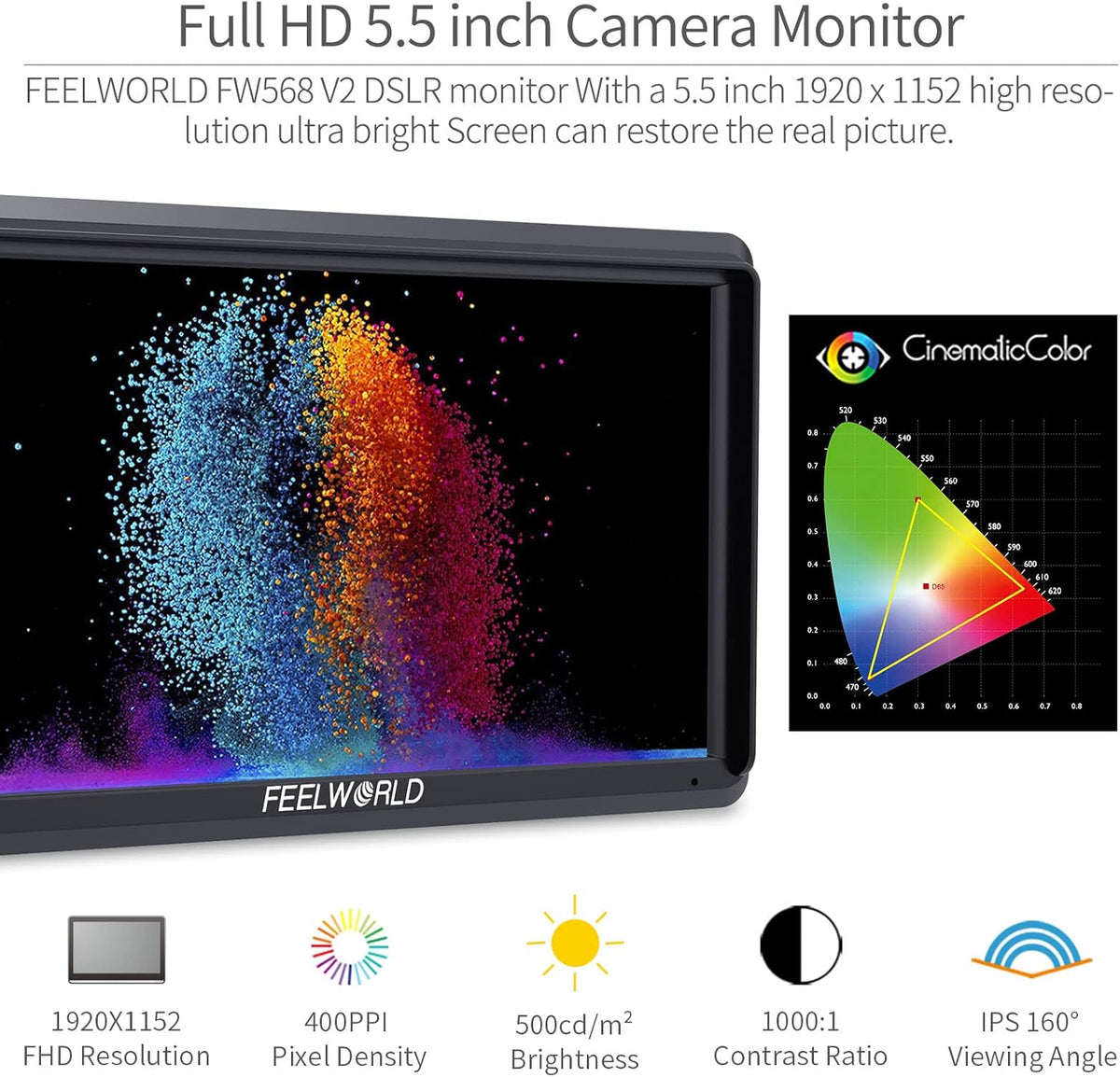 5.5 Inch 4k HDMI Camera Field Monitor with Sunshade and Tilt Arm Mount K38790