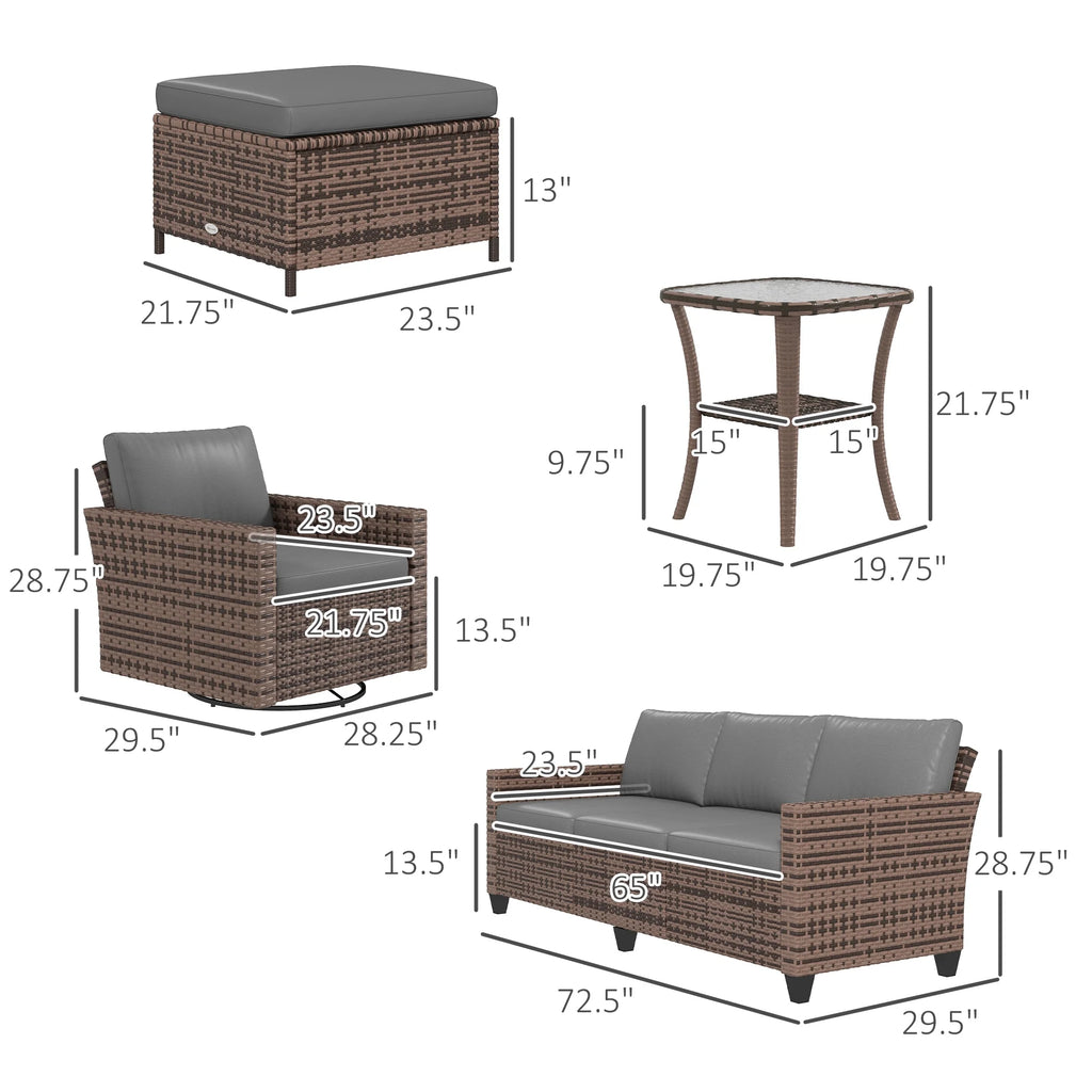6pc Patio Furniture Set with Couch, Swivel Rocking Chairs, Brown X856608