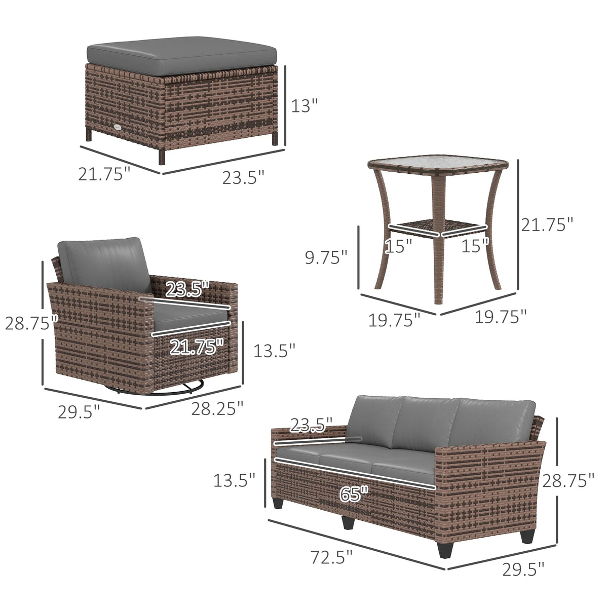 6pc Patio Furniture Set with Couch, Swivel Rocking Chairs, Brown X856608