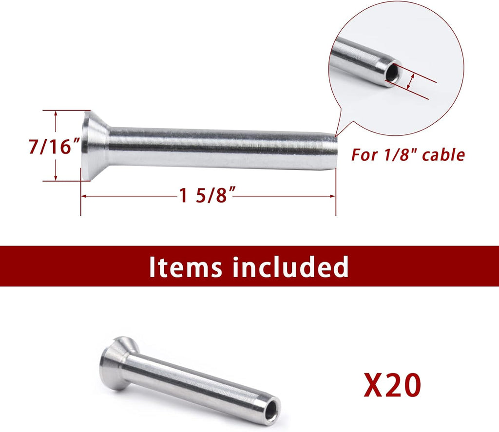 20Pack 1/8 Stemball Swage Dead End Invisible Cable Railing Kit Hardware Terminal Sunk Head T316 Stainless Steel H354747