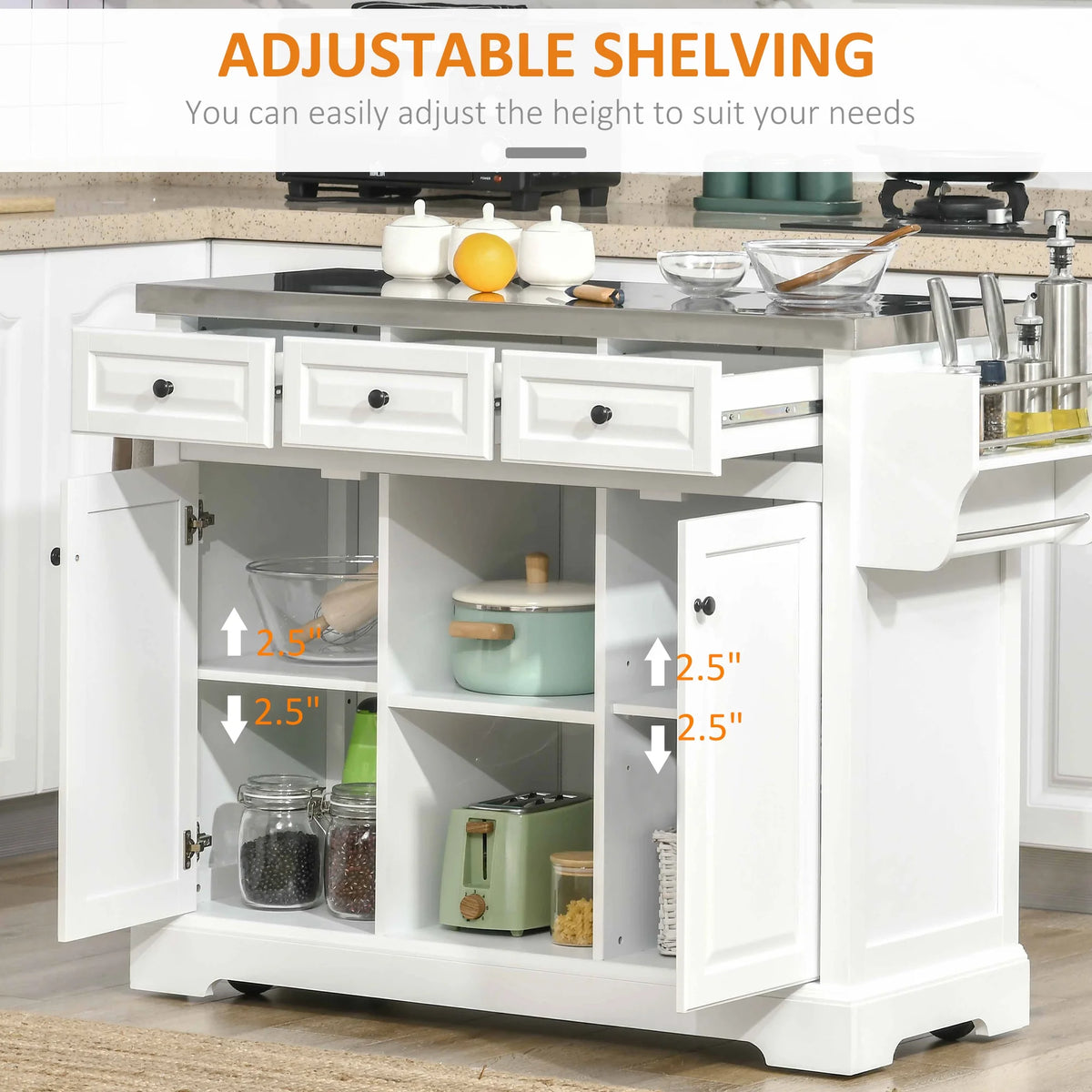 White Pine Wood Stainless Steel Rolling Kitchen Island Cart Y10892