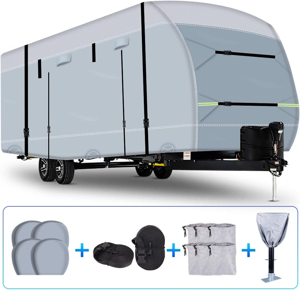 600D Ripstop RV Cover with 4 Tire Covers & Tongue Jack Cover & 6 Gutter Cover Q853728