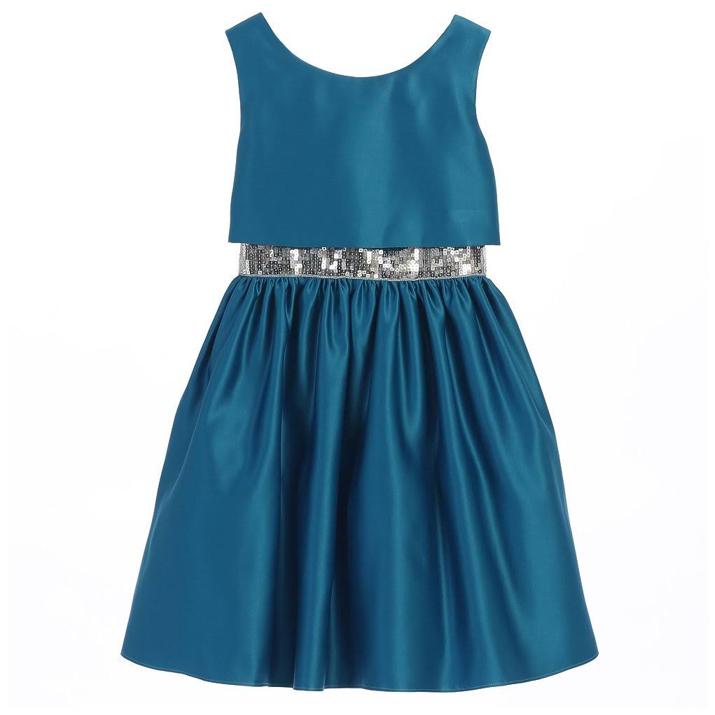 Big Girls Satin Sequin Waist Trim Christmas Dress M4855