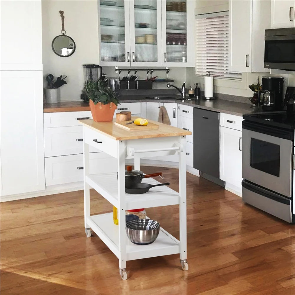 White Kitchen Island Cart with Wheels Storage Drawer O6910