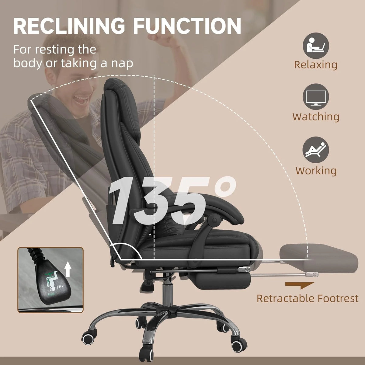 Black PU Leather Reclining Office Chair with Footrest E183