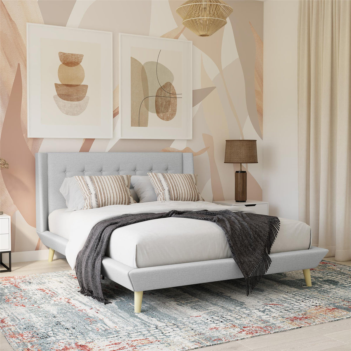 Queen Light Gray Linen Upholstered Bed A518