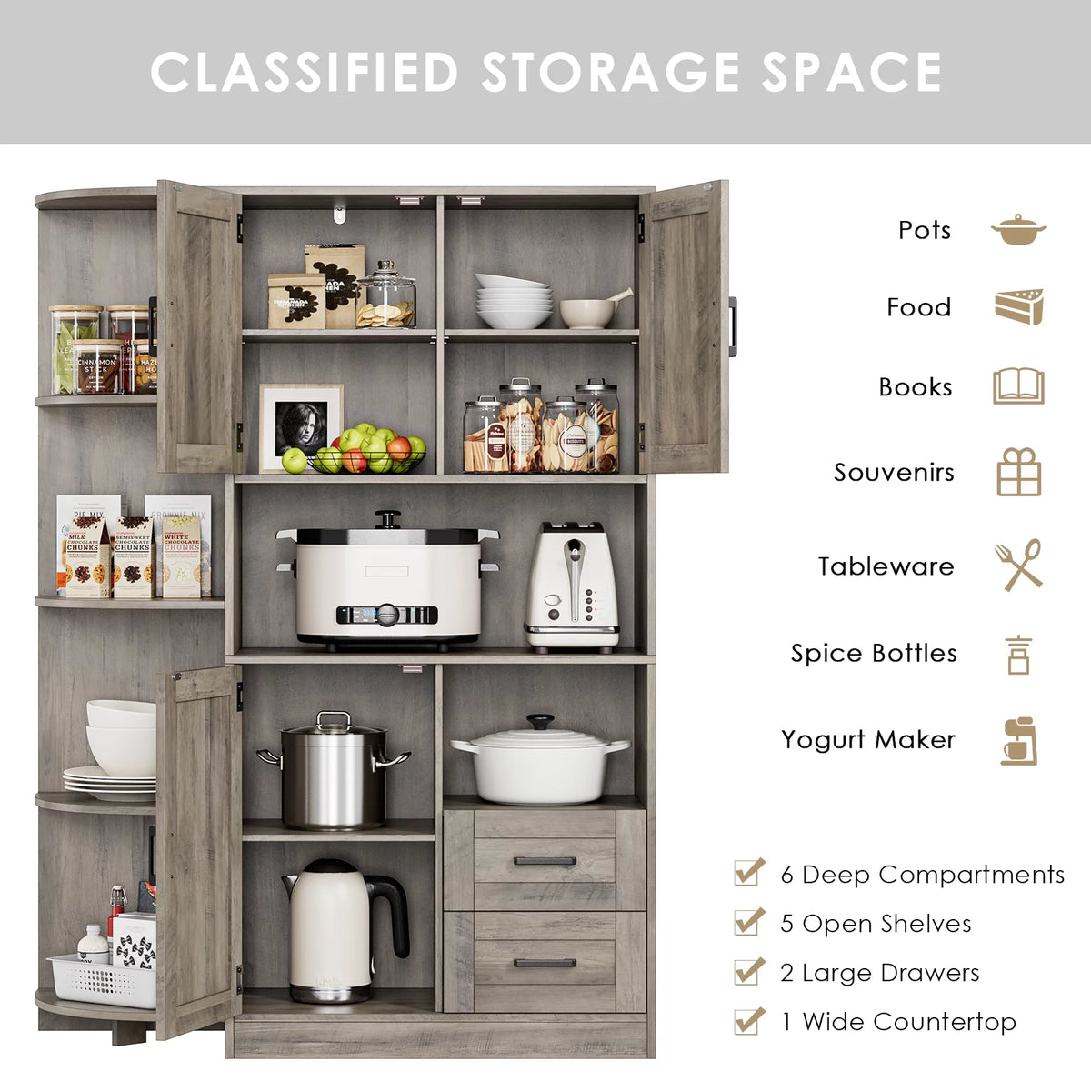Large Kitchen Pantry with Adjustable Shelves, Tall Storage Cabinet, Wash Gray Q443576
