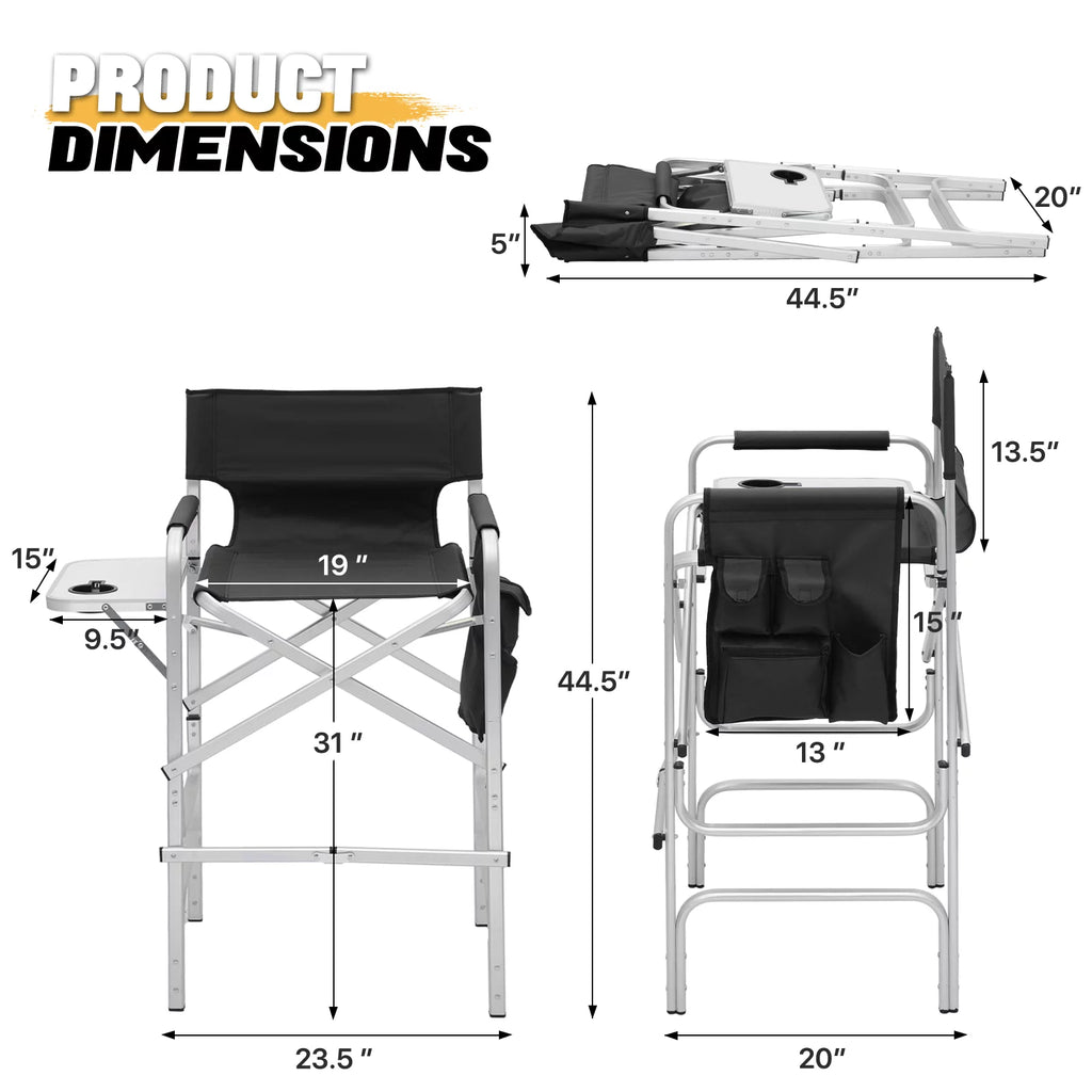 Folding Camping Director Chair with Side Table & Storage Pocket, Black S57671