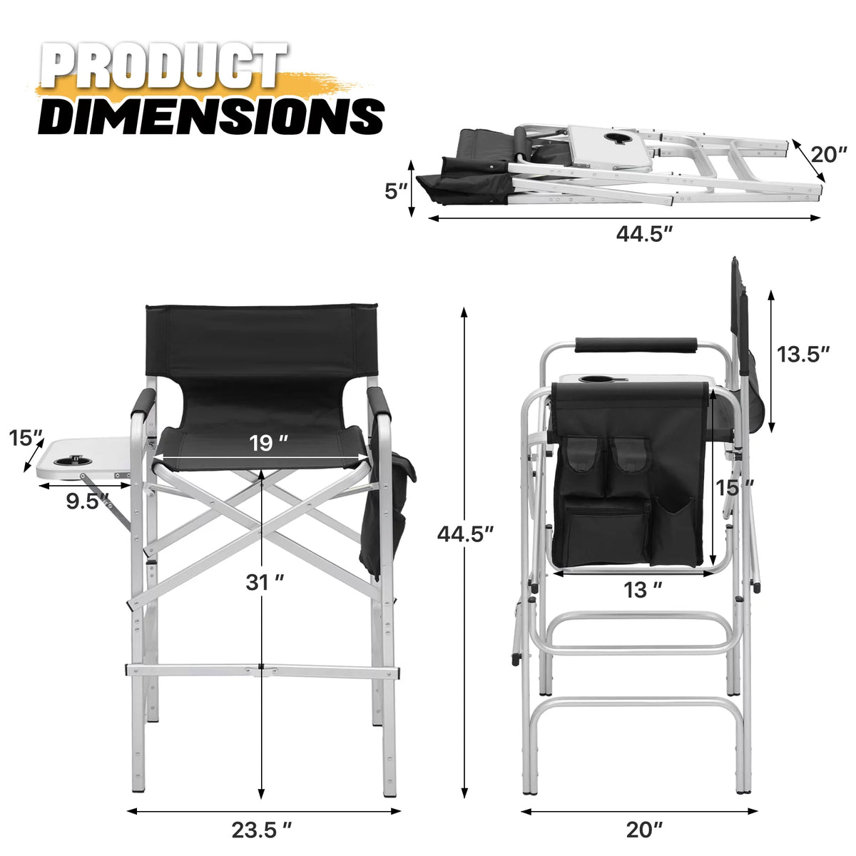 Folding Camping Director Chair with Side Table & Storage Pocket, Black S57671
