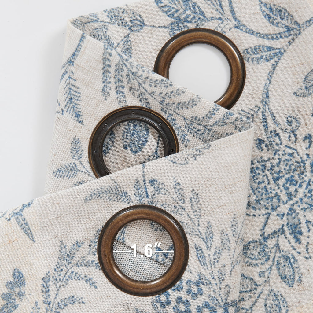 Floral Linen Semi Sheer Curtains 84 inch 2 Panels Blue on Beige N188475