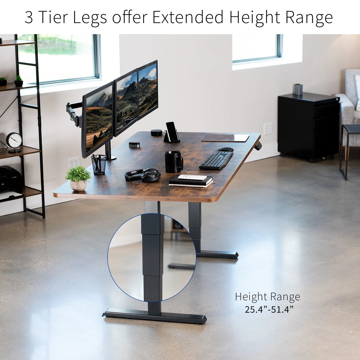 Electric 71”x36” Stand Up Desk, Rustic Vintage Brown Table Top, Black Frame H118919