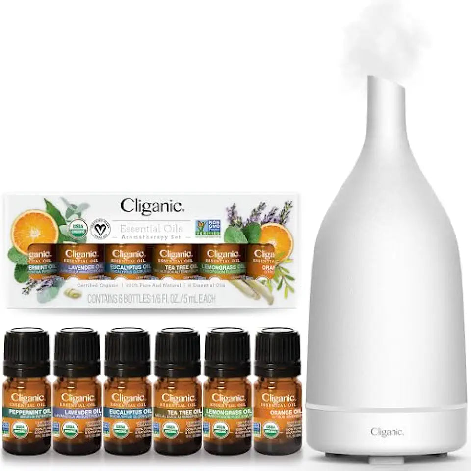 Organic Essential Oils Set with White Ceramic Diffuser T451249