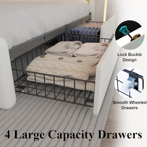 White Full Size Upholstered Platform Bed Frame with 4 Storage Drawers N373